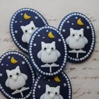 5 Kawaii Owl Cameo Cabs: Navy & White Resin Flatbacks (40x30mm)