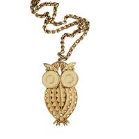 Vintage Articulated OWL Cream Enamel and Gold Tone Pendant Necklace