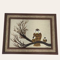 Vintage 1970s Kitsch Sad Eye Owl Family Painting 26" Big Eye Owls on Spooky Tree Spaghetti Fram