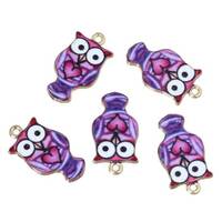 Owl charm, purple enamel  with pink heart, bird with heart , pendant and bracelet charm
