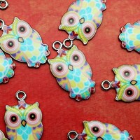 Owl 23mm Silver Tone with Pink Blue Yellow and Purple Enamel Single Sided Bird Charms - 1625