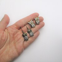 Owl earrings destash: Destash two pairs of 1990s rhinestone oxidised gold tone stud back earrings, p