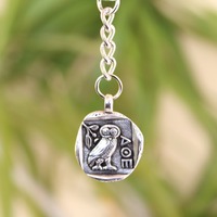 Owl of Athena keychain, The symbol of wisdom, knowledge, Greek coin key ring, made in Greece,  silve