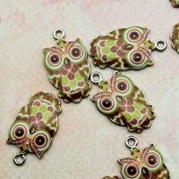 Owl 23mm Brown White Yellow and Red Enamel with Silver Tone Single Sided Bird Charms - 1632
