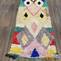 Vintage Moroccan Boucherouite Runner Rug: Colorful Owl & Geometric Design