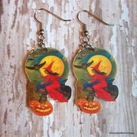 witch earrings vintage Halloween ephemera postcard moon owl cat pumpkin bat dangle