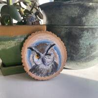 wood slice Great Horned Owl painting animal art oil painting  wildlife painting  tiny painting bird 