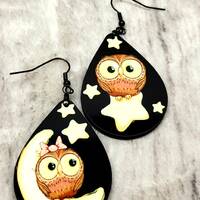 Night owl earrings, night owl jewelry, owl lover gifts, cute owl jewelry, moon and stars earrings wi