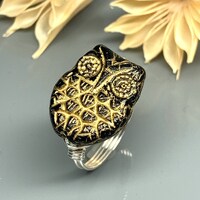 Black and Gold Owl Ring- Sterling Silver, 14k Yellow or Rose Gold Filled Wire Wrapped Glass Bead- Cu