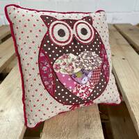 Owl Cushion Vintage Shabby Chic Style Rustic Polka Dot Brown & Red Applique Embroidered Small Cu