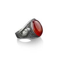 Nature inspired owl on the tree with agate stone men silver ring, Animal bird ring for him her, Red 