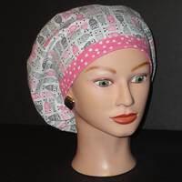 European Scrub Cap...Pink/Gray Owls w/Pink Dotted Band...Surgical Cap/OR Scrub Cap/Scrub Hat/Veterin
