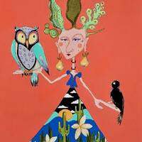 Succulent Lady with Owl and Blackbird Painting; acrylic art; Southwest Art and Decor, Original Art; 
