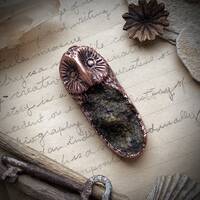 Owl and raw tourmaline druzy rustic spirit animal totem copper talisman amulet art bead focal hand s