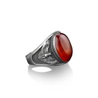 Silver winged owl men's silver ring,  Carnelian gemstone signet man ring, Red agate stone owl si