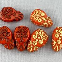 Orange Owl, Czech glass beads, bronze or gold wash, gilded, bird, folk style, pressed, matte or glos