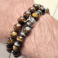 Tiger Eye Stone Bracelet Set: Stainless Steel Owl Charm