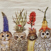 Owl Decoupage Napkins: Whimsical Floral Hats, Collage Paper