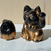 Metallic Gold + Deep Black Lucky Cat + Owl Set by Unicorn Crossing Japanese Fortune Cat resin figuri