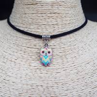 Owl Necklace  Owl Metal Pendant  Bird Choker  Pendant Necklace  Simple Choker  Black Suede Necklace 