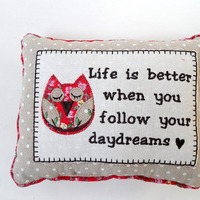 Owl Cushion Vintage Shabby Chic Small Cushion Red & Brown Embroidered with Sentimental Words 6 S