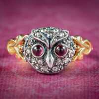 Georgian Style Diamond Owl Ring Garnet Eyes