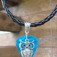 Elegant Owl Necklace, Wildlife Guitar Pick Jewelry, Tibetan Silver Braid Bail, Custom Color Size, Ho