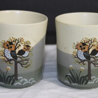 Hand Painted Owl Mugs: Japanese Coffee Cups, Set of 2