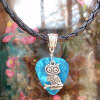 Woodland Owl Necklace, Wildlife Guitar Pick Jewelry, Tibetan Silver Braid Bail, Choice 12 Colors &am