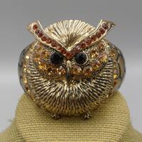 Owl Bracelet 2.5" Wide Hinged Clamper Cuff Rhinestones Heavy Ant. Gold Tone Bird Figural Bohemi