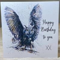 Birthday card - Owl birthday card , wild animal birthday card , Owl flapping wings, watercolour owl 