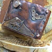 Wolf and the owl cuff by Weathered Soul, artisan leather wide statement cuff, outdoor enthusiast, un