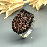 Black and Bronze Owl Ring- Sterling Silver, 14k Yellow or Rose Gold Filled Wire Wrapped Glass Bead- 