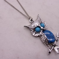 Turquoise Owl Necklace, Faux Turquoise Owl Necklace, 1970s One Wing Owl Necklace, New Old Stock Owl
