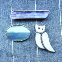 slag glass pins or brooches iridecent owl green oval purple bar 3 pcs / handmade / Germany / 1980s -