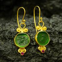 Athena Owl Intaglio Glass Earrings | 24K Gold Over 925 Sterling Silver |  Ancient Greek Owl Earrings