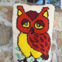 70s Owl Hook Rug Handmade Wall Hanging Orange Yellow Beige Brown FREE SHIPPING