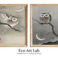 Owl Paintings Vintage Japanese Art Posters. Set of 2 Prints Instant Download Owl on Branch Japanese 