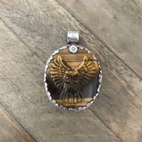 Flying owl tiger eye pendant, handcrafted, Nepalese, Tibetan repousse silver, 66X47 mm