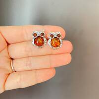 Owl Earrings, 925 Sterling Silver Owl Earrings,  Owl earrings stud, Dainty Owl Earrings, Amber earri