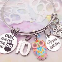 Personalized Owl Charm Bracelet: Initial Bangle, Birthday Gift