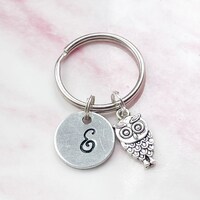 Owl Keyring: Personalized Initial Charm, Metal Bird Keychain