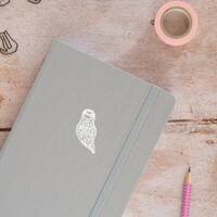 Owl notebook, ultra-thick 160gsm paper, hand-stamped to order, your choice of book colour, paper typ