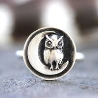 Owl Ring Sterling Silver Owl Ring Silver Moon Ring Witch Ring Moon Owl Ring Celestial Ring Woodland 