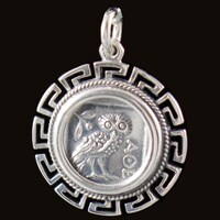 Athenian Owl Silver Pendant in a Meander Frame-Symbol of Wisdom and Intelligence- Goddess Athena-Tet