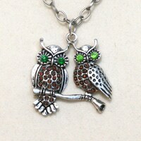 Green Eyed Owls antique silver necklace