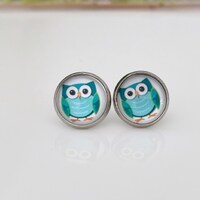 Green Owl Studs, Cartoon Bird Earrings