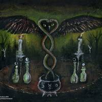 Alchemical owl, snake, alchemy, pagan art - original painting - on paper A4 21x29.7 cm