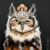 Mushroom Crown Owl Painting, Hand Painted Acrylic Canvas Art (6x6)