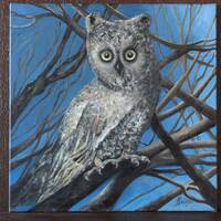 Owl in a Nighttime Forest. Oil painting. Original